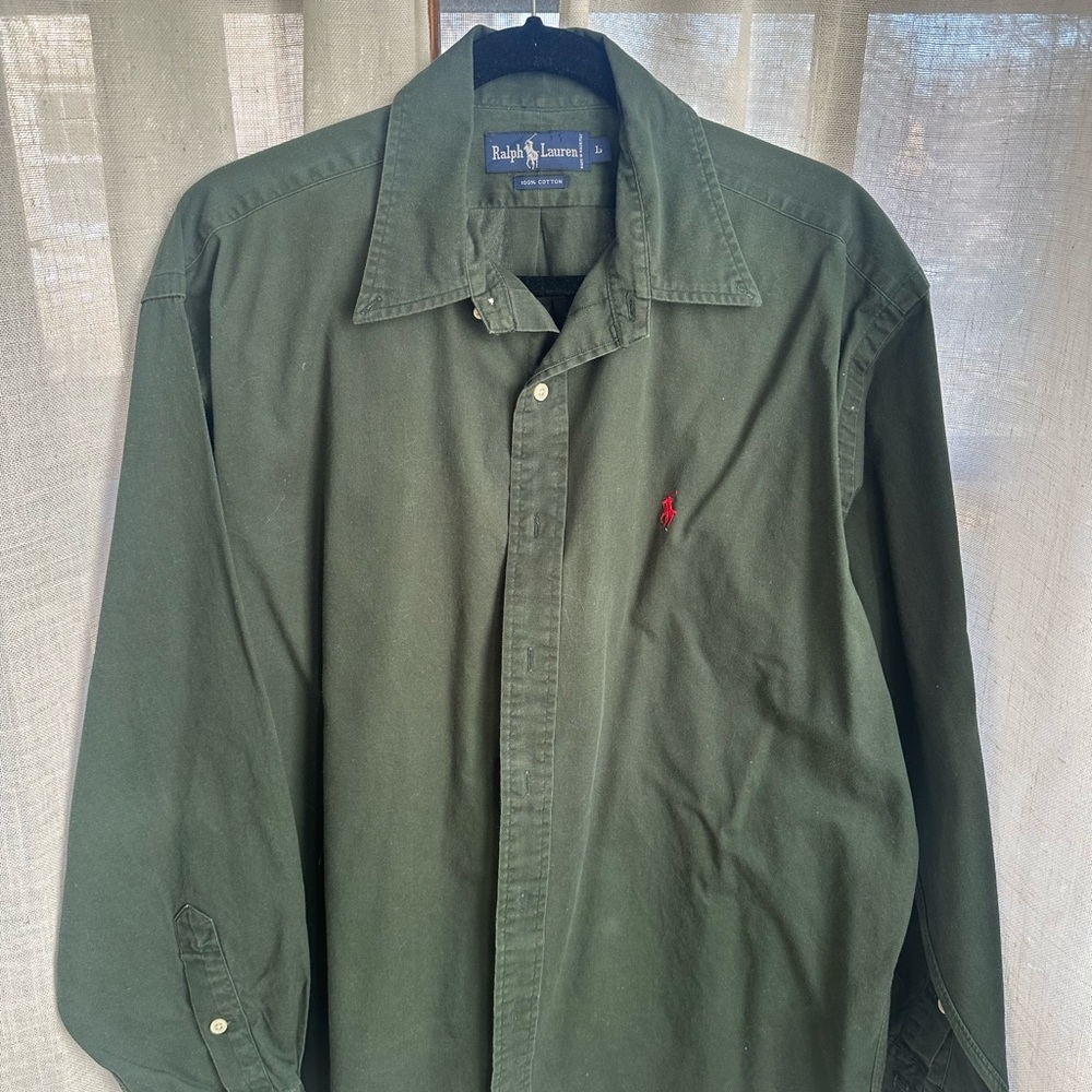 Ralph Lauren Green Cotton Button Down Shirt Red Pony Logo Large